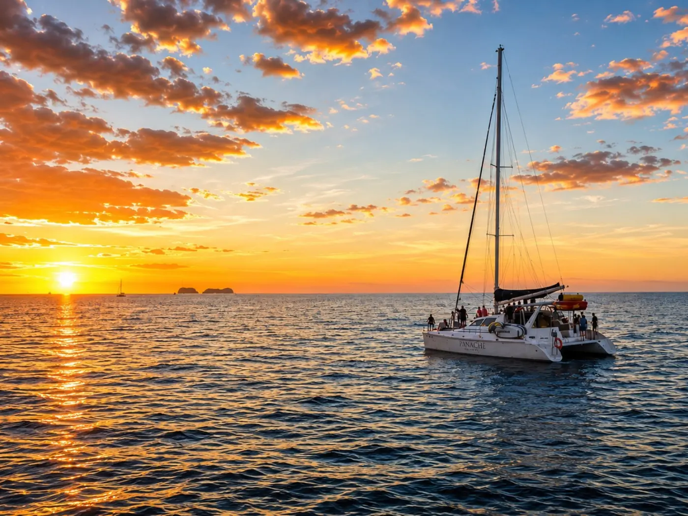 Panache Sailing catamaran cruising at sunset along the Guanacaste coast